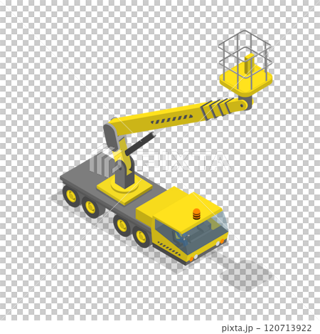 3D Isometric Flat  Set of Modern Truck-mounted, Installation Work at Height 120713922