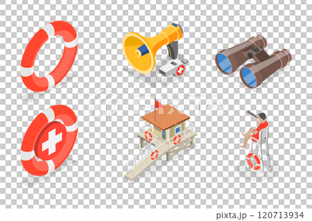 3D Isometric Flat  Set of Beach Lifeguard Equipment Elements, Water Rescue 120713934