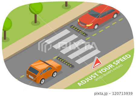 3D Isometric Flat  Illustration of Safety Car Driving Rules, Speed Bump Ahead Warning Sign 120713939