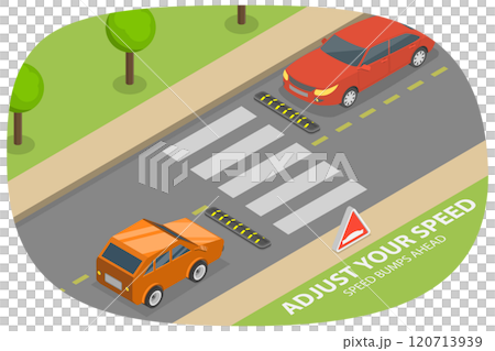 3D Isometric Flat  Illustration of Safety Car Driving Rules, Speed Bump Ahead Warning Sign 120713939