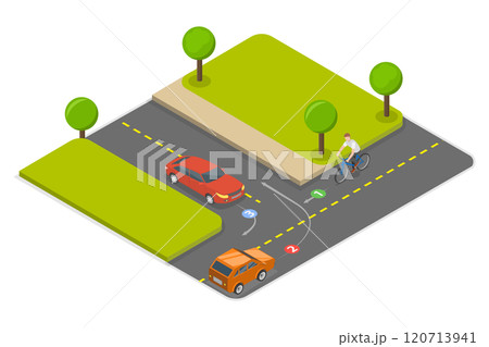 3D Isometric Flat  Illustration of Giving a Way to an Oncoming Cyclist, Traffic Regulation Rules And Tips 120713941