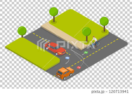 3D Isometric Flat  Illustration of Giving a Way to an Oncoming Cyclist, Traffic Regulation Rules And Tips 120713941