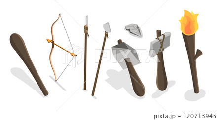 3D Isometric Flat  Set of Stone Age Tools, Prehistoric Weapons 120713945