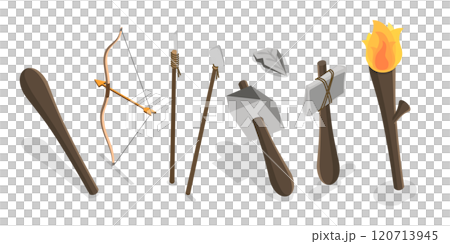 3D Isometric Flat  Set of Stone Age Tools, Prehistoric Weapons 120713945