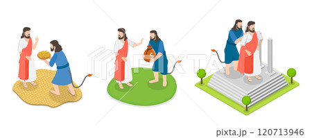 3D Isometric Flat  Illustration of Christ Tempted by Devil, Biblical Scenes 120713946