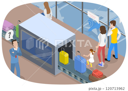 3D Isometric Flat  Illustration of Baggage Suitcases Scanning, Luggage Claim Carousel at the Airport 120713962