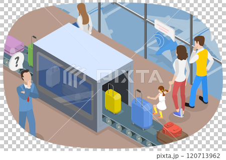 3D Isometric Flat  Illustration of Baggage Suitcases Scanning, Luggage Claim Carousel at the Airport 120713962