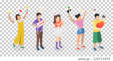 3D Isometric Flat Illustration of K Pop Music Fans, Supporters displaying placards at event. 3D Isometric Flat Illustration of K Pop Music Fans, Supporters displaying placards at event. 120713970