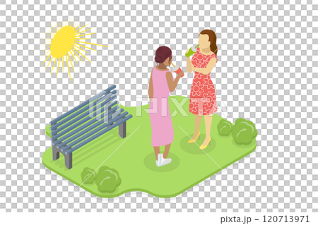 3D Isometric Flat  Illustration of Summertime, Young Women Delights in Summer Sipping Cold Refreshing Drink While Walking in Park 120713971