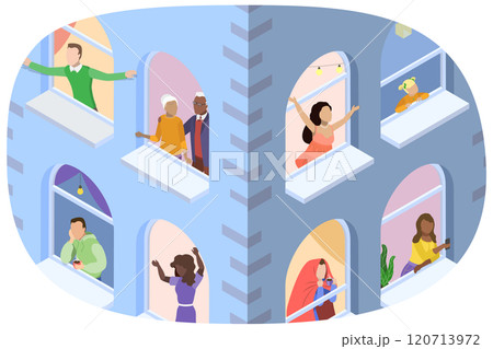 3D Isometric Flat  Illustration of House Windows With People , Good neighborhood 120713972