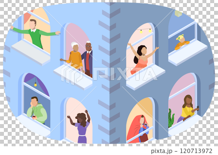 3D Isometric Flat  Illustration of House Windows With People , Good neighborhood 120713972