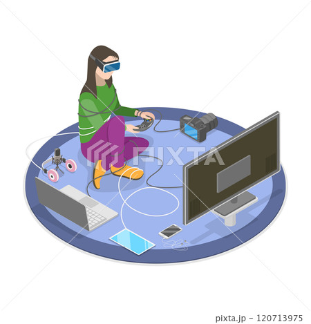 3D Isometric Flat  Illustration of Gadget Addiction, Lounging on Couch Tangled in Wires While Using Laptop 120713975
