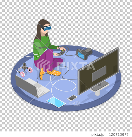 3D Isometric Flat  Illustration of Gadget Addiction, Lounging on Couch Tangled in Wires While Using Laptop 120713975