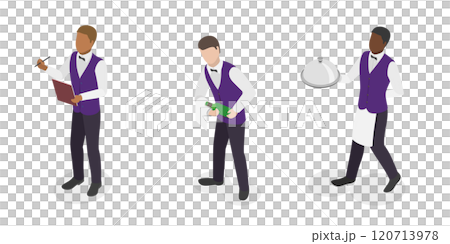 3D Isometric Flat Illustration of Restaurant Waiter, Taking a order, Delivering food in a restaurant. 3D Isometric Flat Illustration of Restaurant Waiter, Taking a order, Delivering food in a restaurant. 120713978