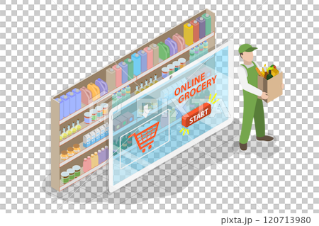 3D Isometric Flat Illustration of Online Grocery Store, Supermarket Shopping 3D Isometric Flat Illustration of Online Grocery Store, Supermarket Shopping 120713980