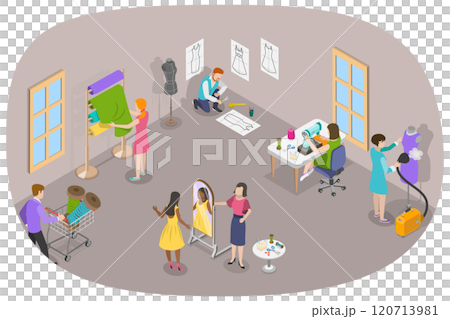 3D Isometric Flat Illustration of Fashion Atelier Workers, Interior of Dressmaking Workshop 3D Isometric Flat Illustration of Fashion Atelier Workers, Interior of Dressmaking Workshop 120713981
