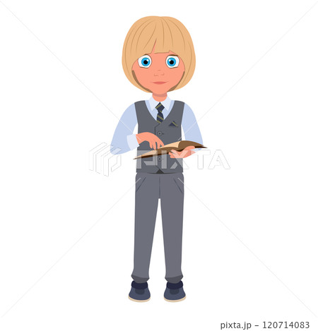 Flat  Illustration of Schoolboy Wearing School Uniform and Holding a Book. Item 5 120714083