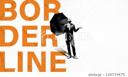 Conceptual art for borderline personality disorder, featuring man holding umbrella against bold orange typography. Conceptual design. Conceptual art for borderline personality disorder, featuring man holding umbrella against bold orange typography. Conceptual design. 120714475