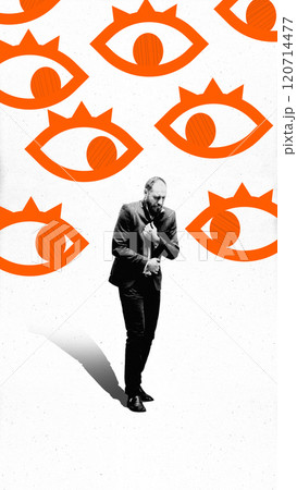 Man clutching his jacket as orange eyes surround him, symbolizing feeling of anxiety and being watched. Conceptual design. 120714477