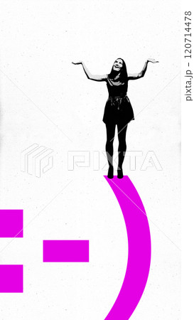 Joyful woman balancing on pink curved symbol, representing dynamic nature of emotions and mental well-being. Conceptual design. 120714478