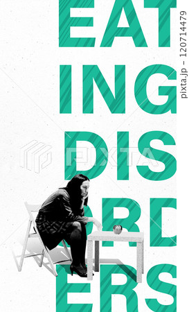 Impactful representation of eating disorders featuring woman sitting pensively with apple on table, framed by green typography. Conceptual design. 120714479