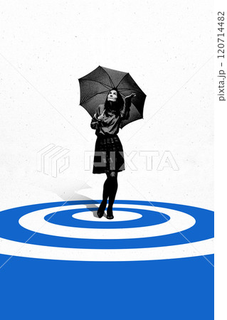 Woman holding umbrella standing confidently on blue concentric circle design, symbolizing resilience and hope. Conceptual design. 120714482