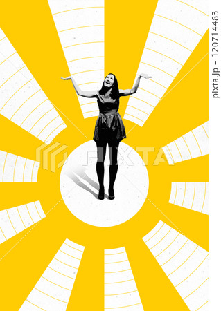 Cheerful woman raising her arms in joy, surrounded by bright yellow beams symbolizing positivity and happiness. Conceptual design. 120714483