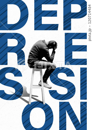 Depiction of depression featuring man sitting on stool, set against bold typography and blue accents. Conceptual design. 120714484