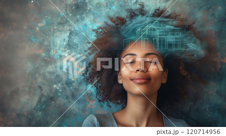 Smiling Young African American Woman Daydreaming With Her Eyes Closed Visualizing A New House. Generative AI. 120714956