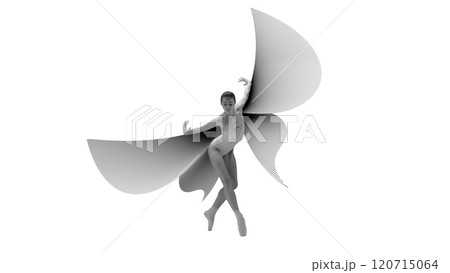Cotemporary art collage. Dancer captured mid-leap, surrounded by geometric wing-like designs, symbolizing freedom and artistic expression. Cotemporary art collage. Dancer captured mid-leap, surrounded by geometric wing-like designs, symbolizing freedom and artistic expression. 120715064