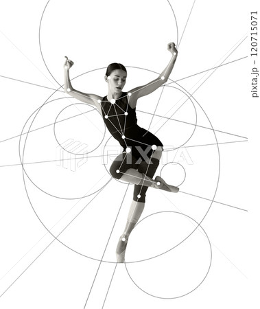 Cotemporary art collage. Ballet dancer in motion with geometric patterns highlighting precision and symmetry. Fusion of classic dance and abstract art. 120715071