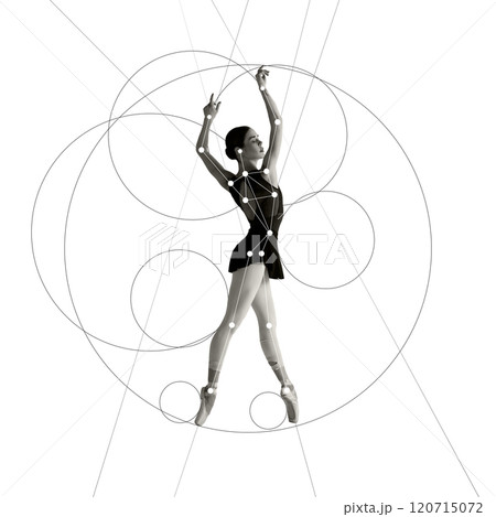 Cotemporary art collage. Ballerina in elegant black outfit strikes classic pose surrounded by overlapping geometric circles and lines, showcasing harmony of art and math. 120715072