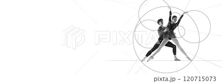 Banner. Cotemporary art collage. Two ballet dancers create synchronized pose within geometric framework, symbolizing balance and partnership in motion. 120715073