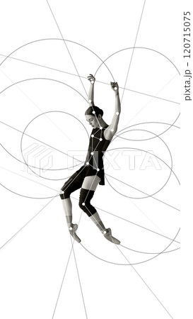 Cotemporary art collage. Ballerina in black strikes suspended pose framed by geometric circles and dynamic lines, highlighting athleticism and artistry. Cotemporary art collage. Ballerina in black strikes suspended pose framed by geometric circles and dynamic lines, highlighting athleticism and artistry. 120715075
