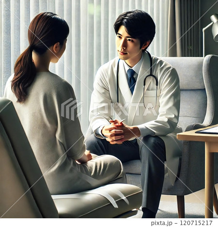 医師が患者の不安に寄り添い、真剣に話を聞いている場面 120715217