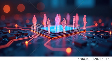 People on a circuit board,digital dependents who rely heavily on digital technologies and the internet in their lives 120715947
