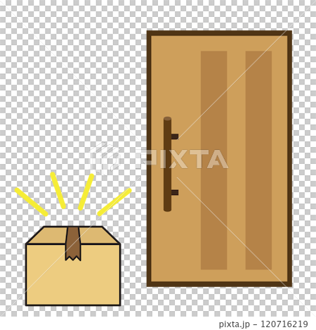 A cardboard box placed in front of the front door. Illustration of delivery 120716219