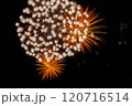 神宮外苑花火大会のオレンジ一色で美しく放物線を描く花火 120716514