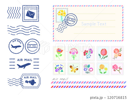 花柄の切手と消印のベクターイラストセット 120716815