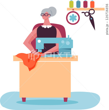 Elderly craftswoman working on a sewing project, using a sewing machine and colorful threads, demonstrating expertise and passion for dressmaking 120716856