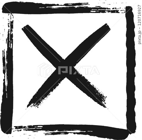 Black grunge cross painted with thick brushstrokes inside a hand drawn square frame, isolated on a white background, conveying a message of rejection or disapproval Black grunge cross painted with thick brushstrokes inside a hand drawn square frame, isolated on a white background, conveying a message of rejection or disapproval 120716927