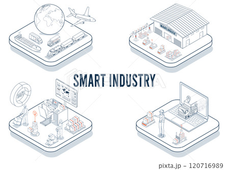 Smart Industry integrates IoT, cloud computing, AI, machine learning, and other digital technologies to revolutionize manufacturing. Vector illustration eps10 Smart Industry integrates IoT, cloud computing, AI, machine learning, and other digital technologies to revolutionize manufacturing. Vector illustration eps10 120716989