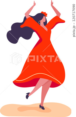 Young woman with long dark hair dances flamenco in a vibrant red dress, showcasing the energy and passion of this traditional spanish art form Young woman with long dark hair dances flamenco in a vibrant red dress, showcasing the energy and passion of this traditional spanish art form 120717090