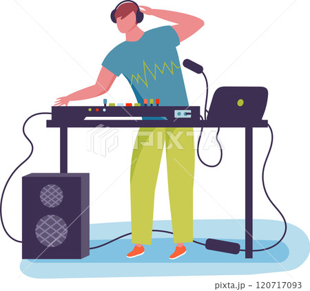 Male dj passionately plays music on a mixing console and laptop, creating an energetic atmosphere at a lively party 120717093