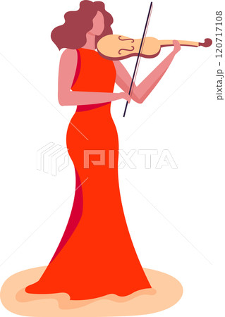 Female violinist in a red gown plays gracefully on stage, captivating the audience with her music 120717108