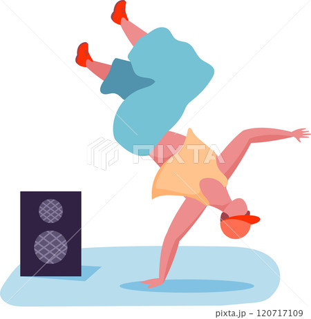 Breakdancer shows strength and skill balancing on one hand next to a speaker in a dynamic freeze. Reflecting hip hop culture, this vibrant illustration captures urban dance style Breakdancer shows strength and skill balancing on one hand next to a speaker in a dynamic freeze. Reflecting hip hop culture, this vibrant illustration captures urban dance style 120717109