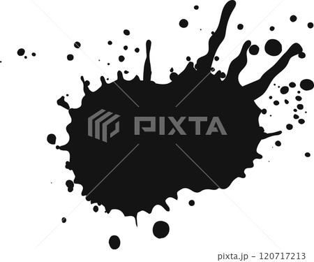 Large black ink splatters dramatically against a pristine white backdrop, forming an intriguing abstract shape with dynamic lines and droplets 120717213