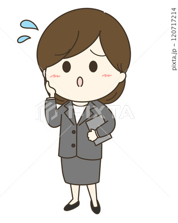 困っているスカートのスーツの女性のゆるかわイラスト 困っているスカートのスーツの女性のゆるかわイラスト 120717214