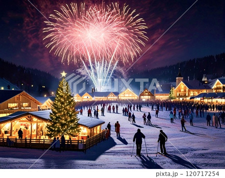 花火が上がるクリスマスのスキーリゾート 120717254