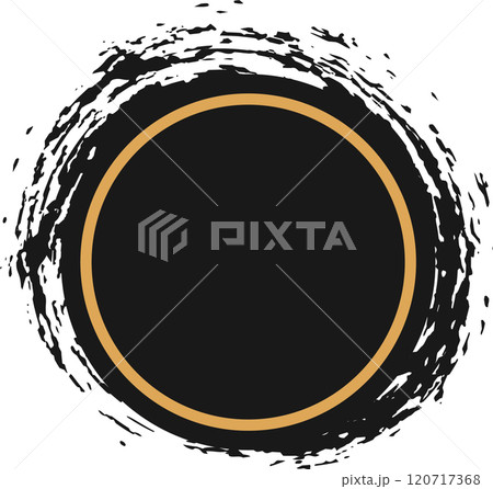 Black circle with a prominent gold border is encompassed by a textured grunge effect, creating a dynamic and visually striking design element Black circle with a prominent gold border is encompassed by a textured grunge effect, creating a dynamic and visually striking design element 120717368